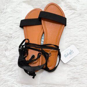 BNWT Women REKAYLA Open Toe Tie Up Ankle Wrap Flat Sandals Black Size US 8